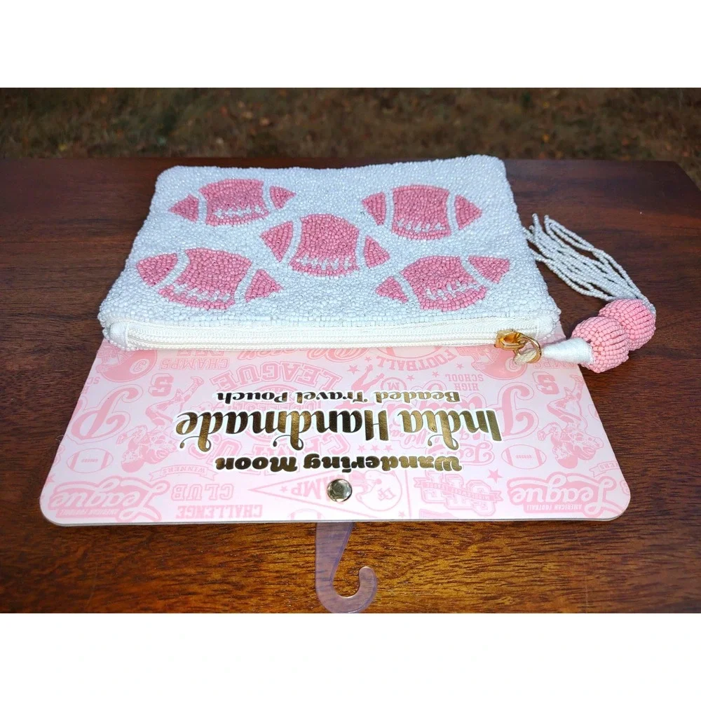 Handmade Beaded Travel Pouch White Pink Football India‎ Tassel